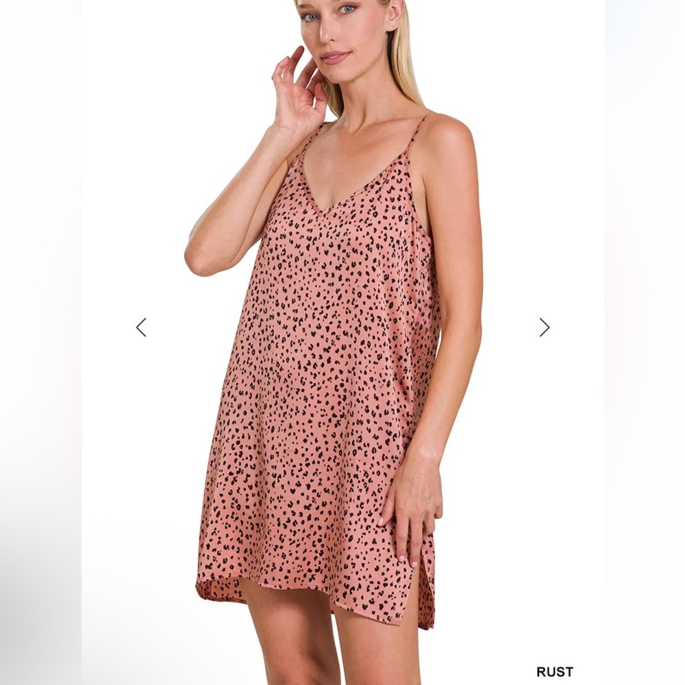 Zenana Outfitters Leopard Print Satin VNeck Cami Tunic Dress/Chemise, Rust, Sz S